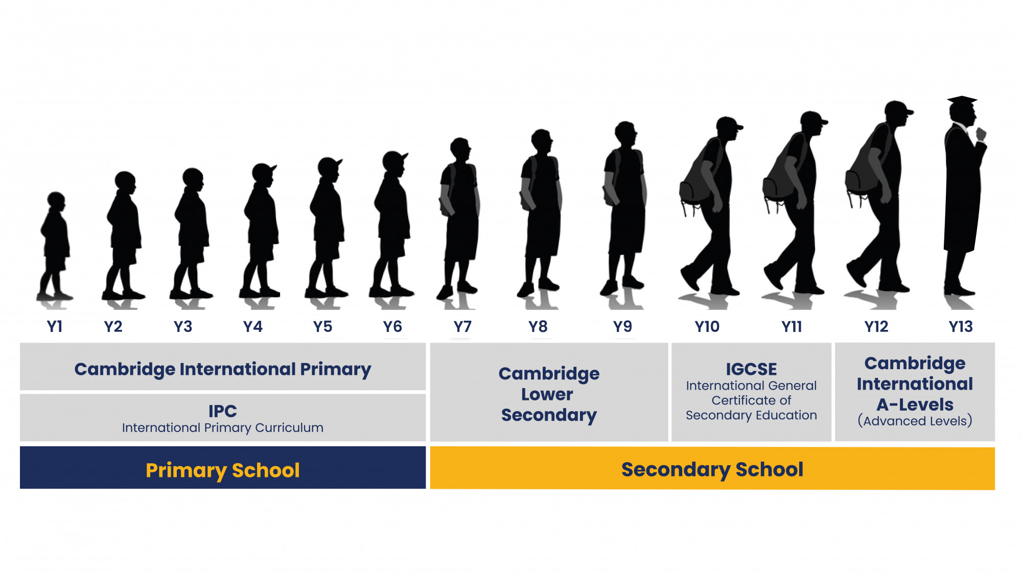 Progression from Cambridge International Primary to Cambridge International A-Levels, showcasing student growth from Year 1 to Year 13, including Cambridge Lower Secondary and IGCSE stages.