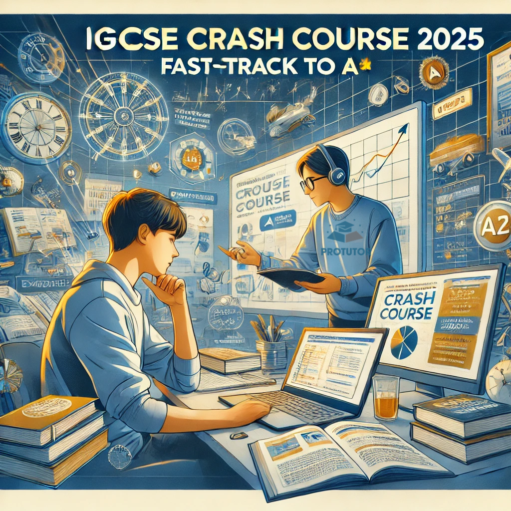 IGCSE Crash Course 2025 – Student studying online with a tutor explaining on a virtual whiteboard. Intensive exam revision setup with books, study notes, and past papers. Perfect for fast-tracking IGCSE exam success.