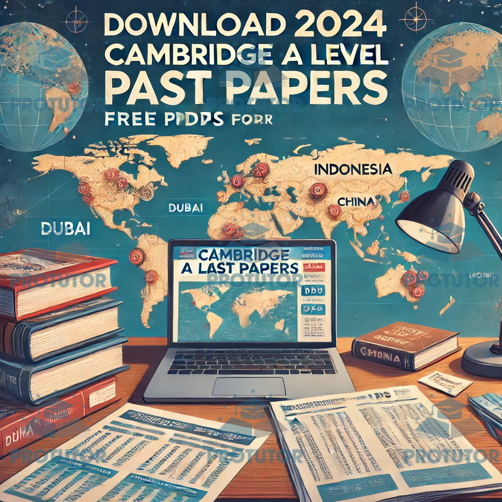 Tablet or laptop screen showing a website offering free PDF downloads of Cambridge A Level past papers, with a 'Download Now' button and PDF icons.