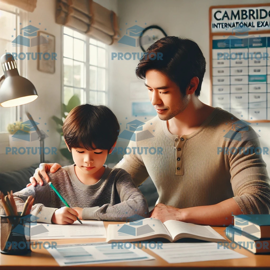 Parent and child preparing for Cambridge International Primary exams using progression papers.