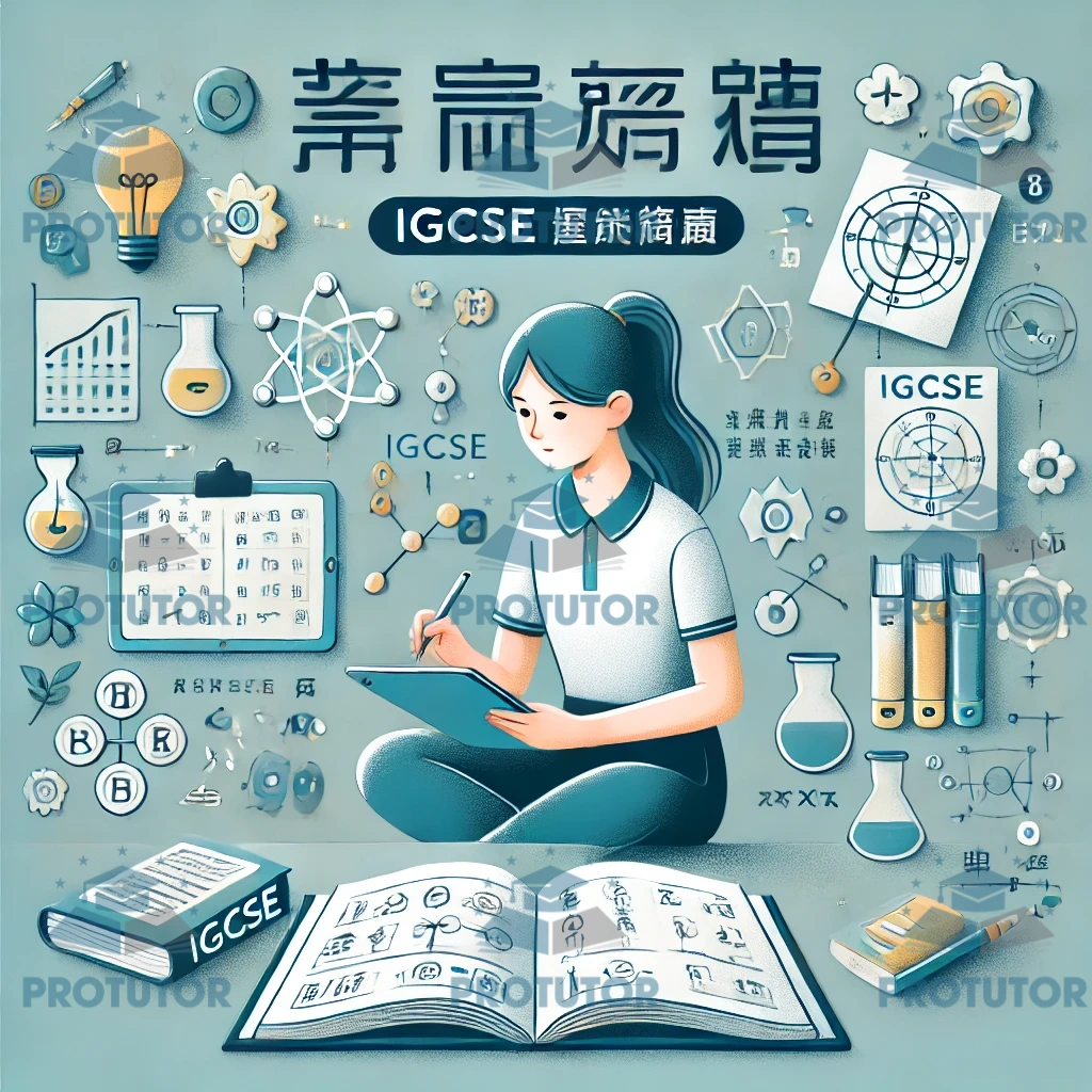 A student studying IGCSE curriculum on a tablet, surrounded by educational symbols with Mandarin text 'IGCSE在线辅导' and '考试准备', promoting tutoring services for Chinese students.