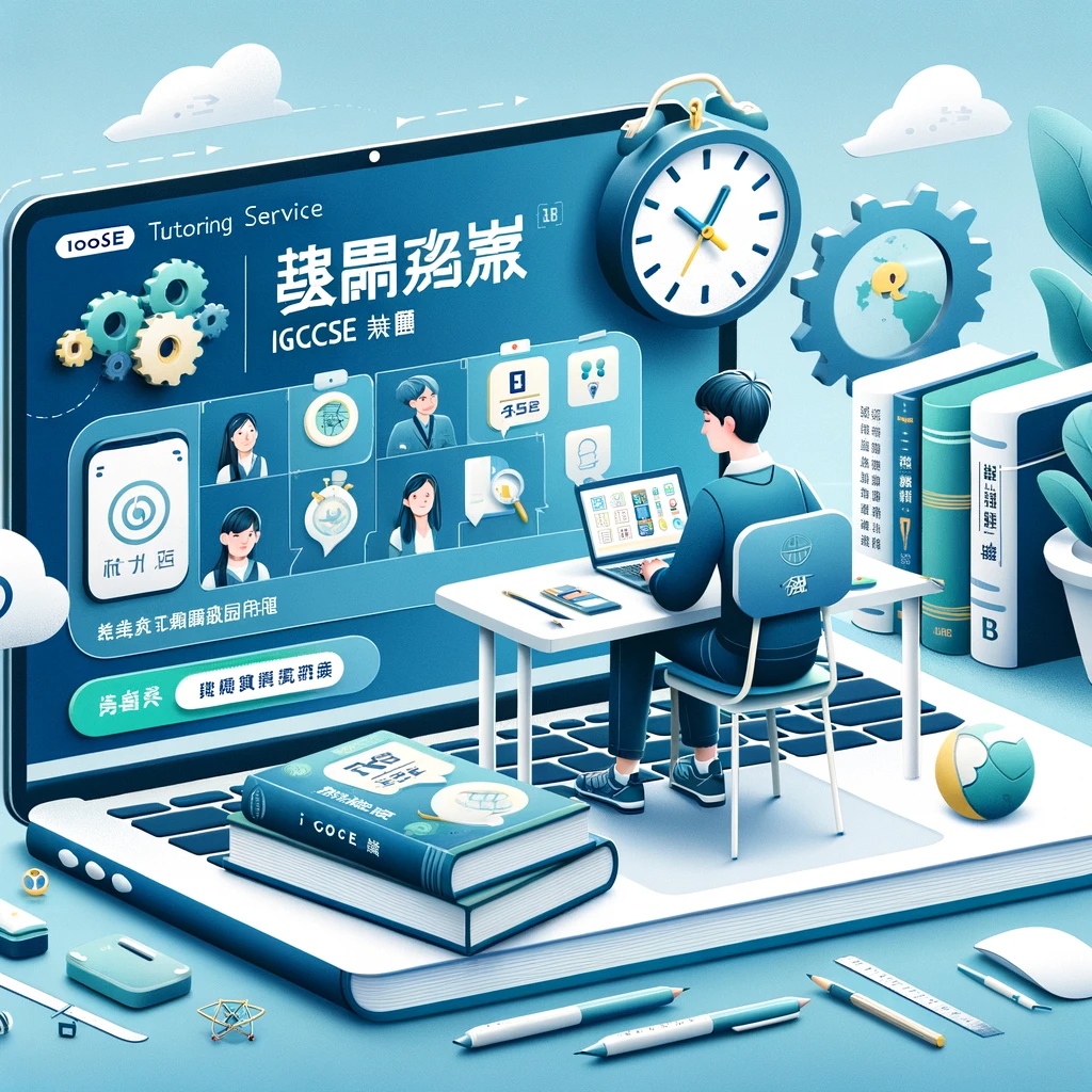 A student engaging in one-on-one IGCSE tutoring through Voov Tencent Meeting, with educational symbols and Mandarin text about free trial and consultation.