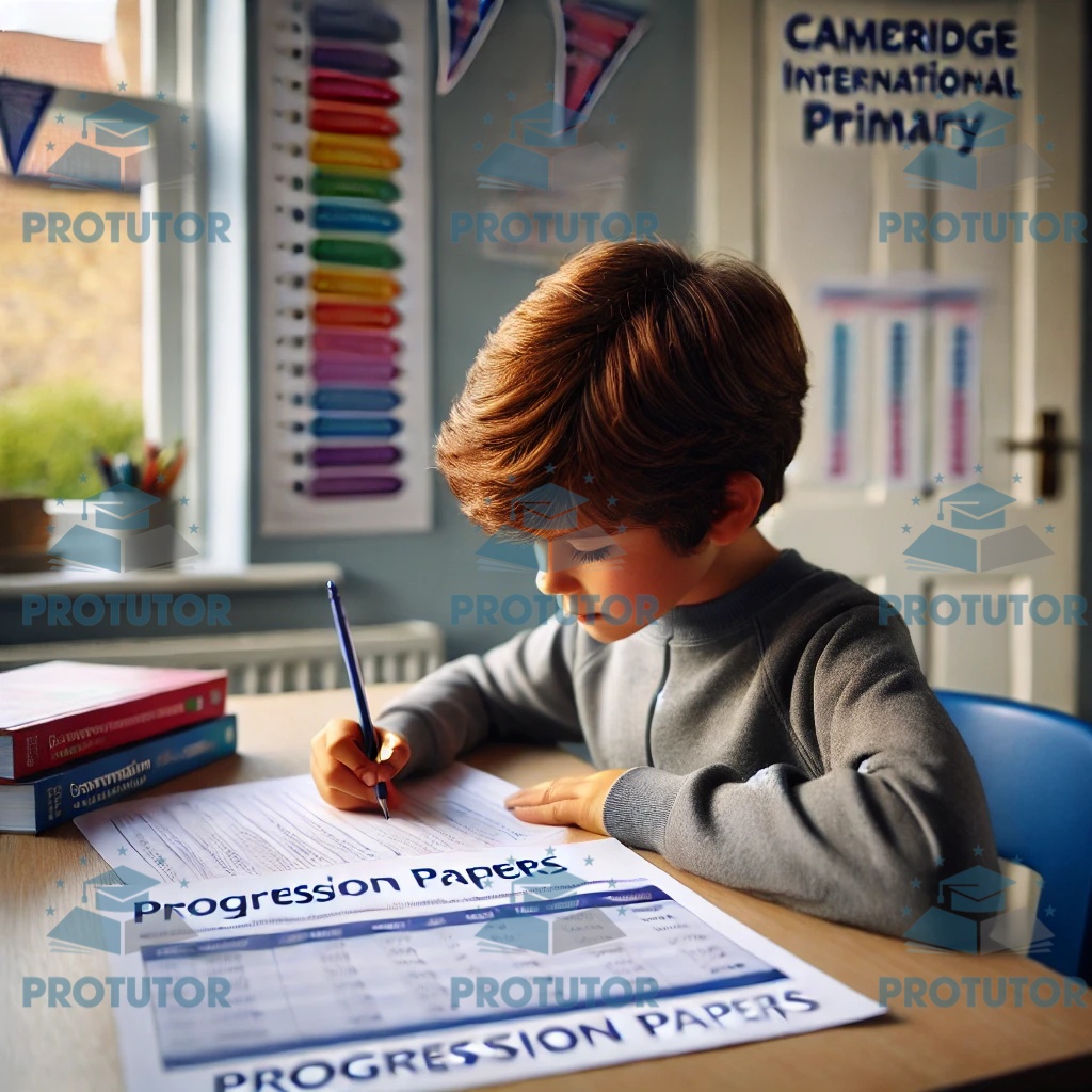 Child practicing using Cambridge Progression Papers for exam preparation.