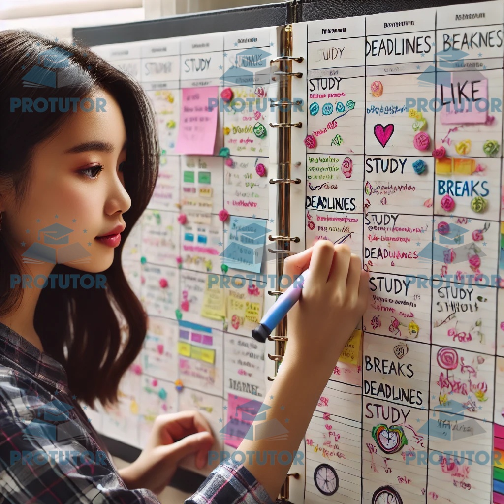 A student arranging a study schedule in a planner, focusing on managing study time effectively.