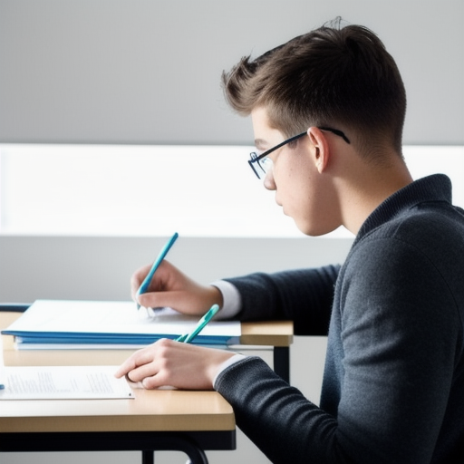 A student taking an A-Level exam, showing focus and concentration.