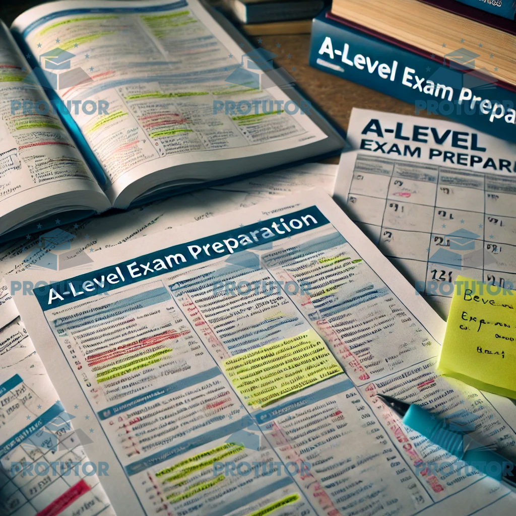 A-Level exam preparation materials, including textbooks, notes, and a calendar with upcoming exam dates, arranged on a desk.