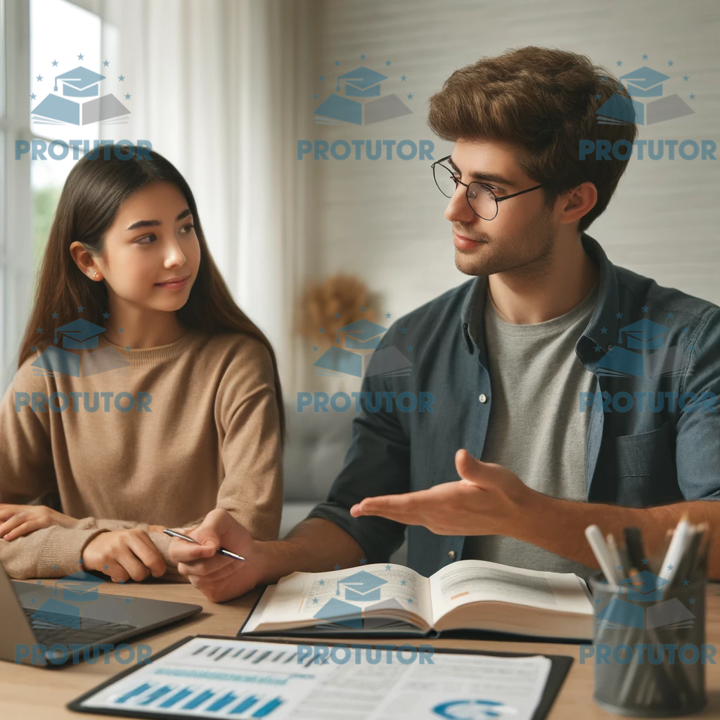A student studying with a tutor, in a modern study environment, focused on their work with textbooks and a laptop.