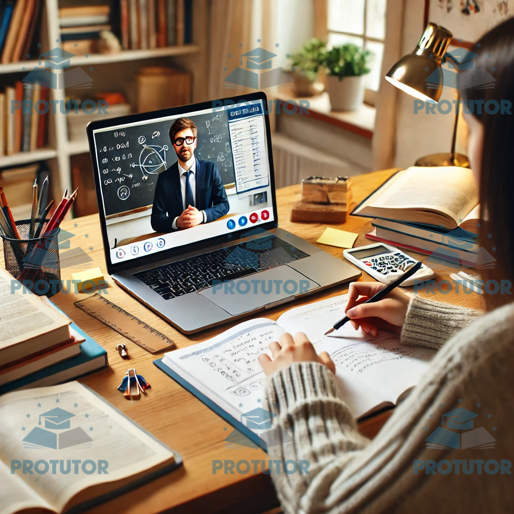 A student engaged in an online tutoring session with a tutor on the laptop screen, surrounded by study materials.