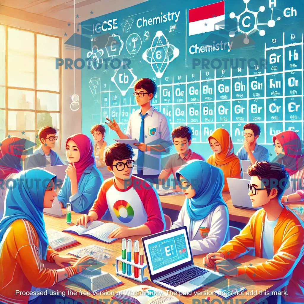 Indonesian students studying IGCSE Chemistry in a classroom with a tutor and periodic table.