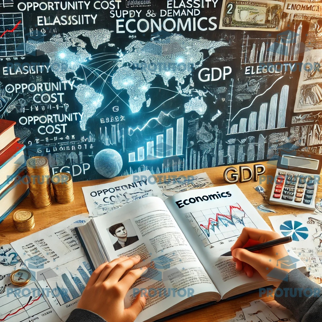 A student studying Cambridge A-Level Economics with an open textbook, supply and demand graphs, and key economic terms on a whiteboard.