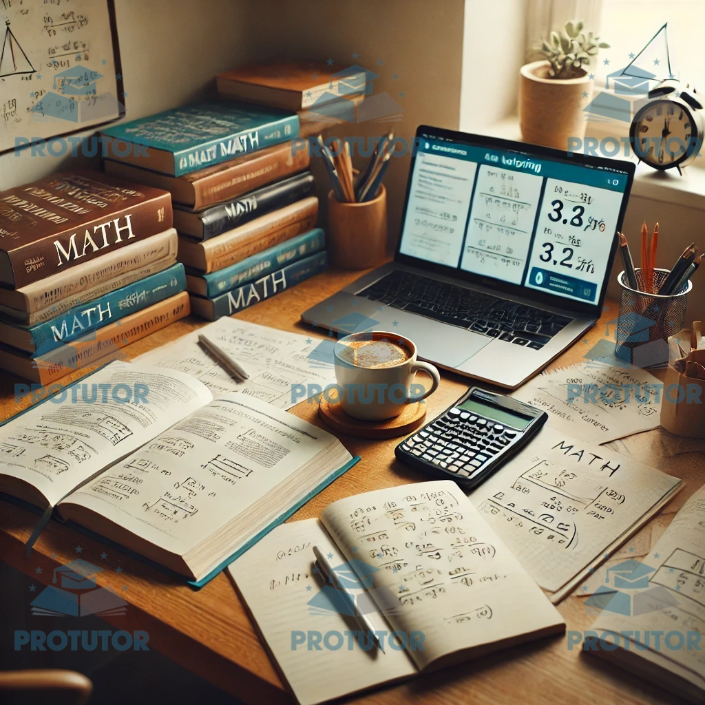 Cozy study space with math textbooks, a notepad with formulas, a laptop displaying a math tutoring session, and a cup of coffee, ideal for last-minute A-Level math revision