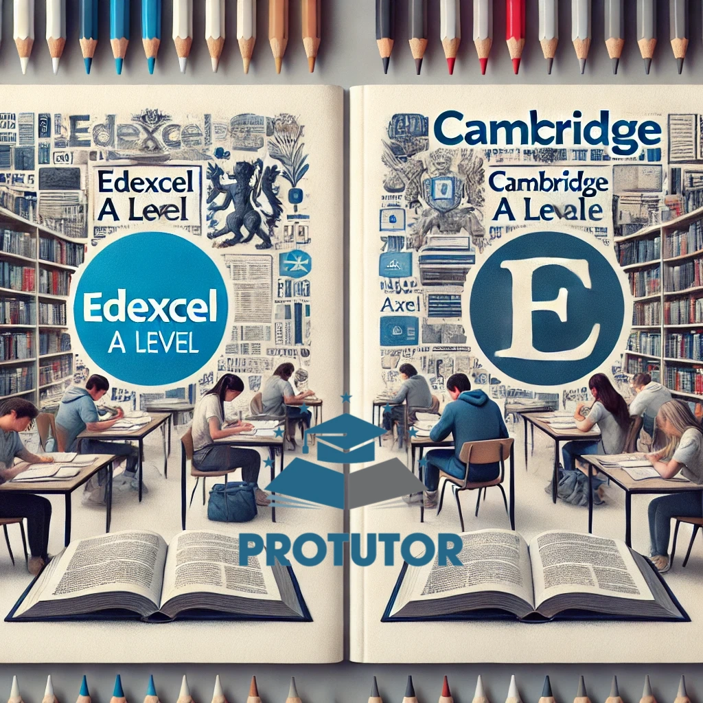 Edexcel vs Cambridge A Level comparison with logos, books, and students studying.