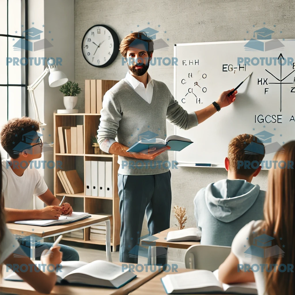 Expert tutor teaching a group of IGCSE and A-Level students in a modern classroom.