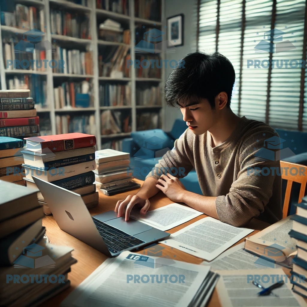 IB DP student working on their Extended Essay with research materials.