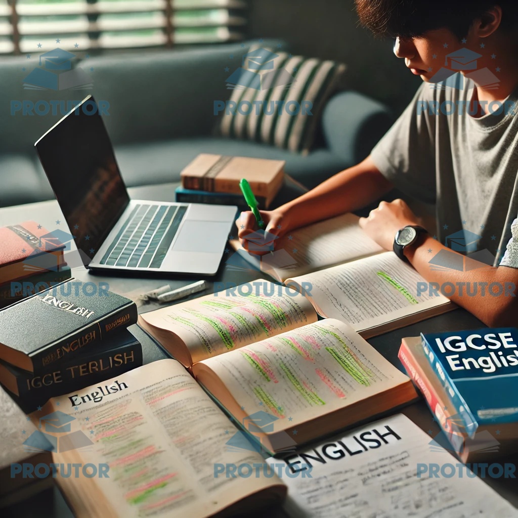 A student studying with books and notes for IGCSE English.