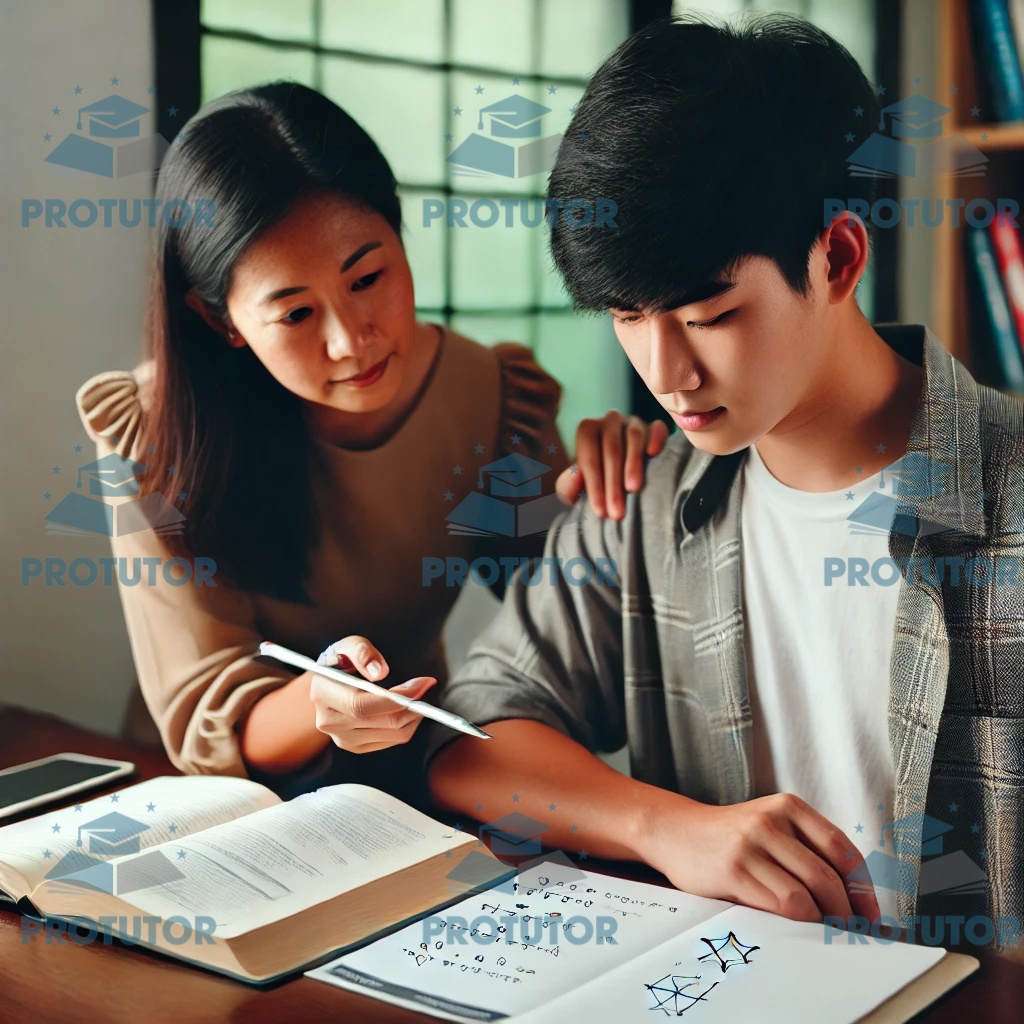 Student revising for the IGCSE Math exam with notes and a study guide.