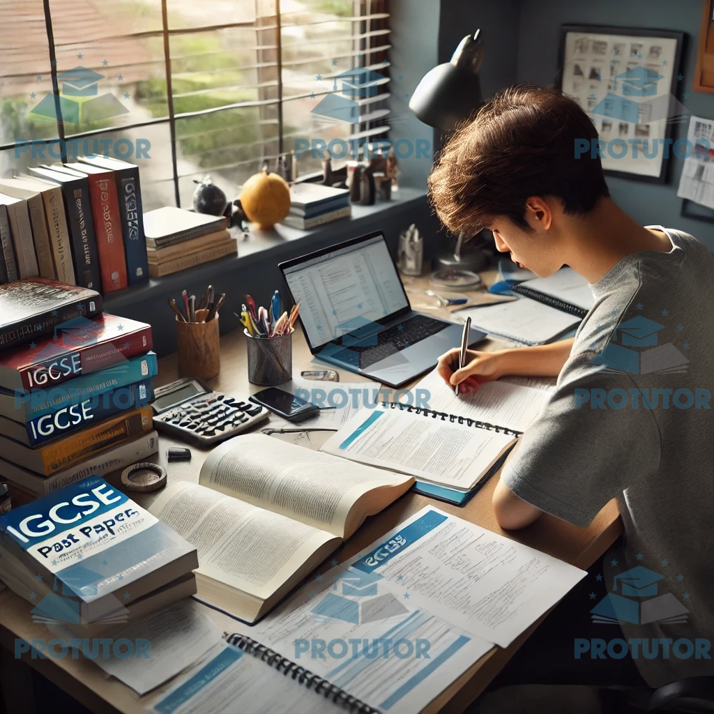 Student studying with IGCSE past papers at a desk