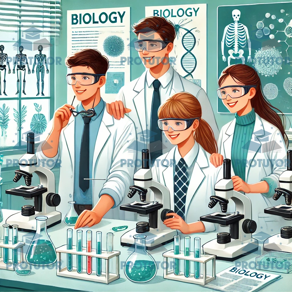 A group of students in a laboratory wearing lab coats and safety goggles, conducting a biology experiment with microscopes and lab equipment.