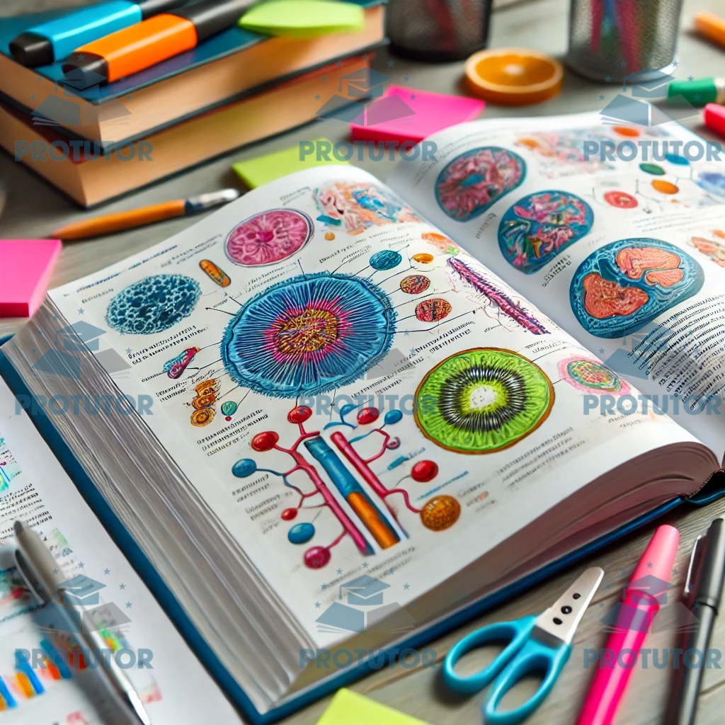 A close-up view of an open biology textbook with colorful diagrams and notes about cellular structures, surrounded by study materials on a desk.