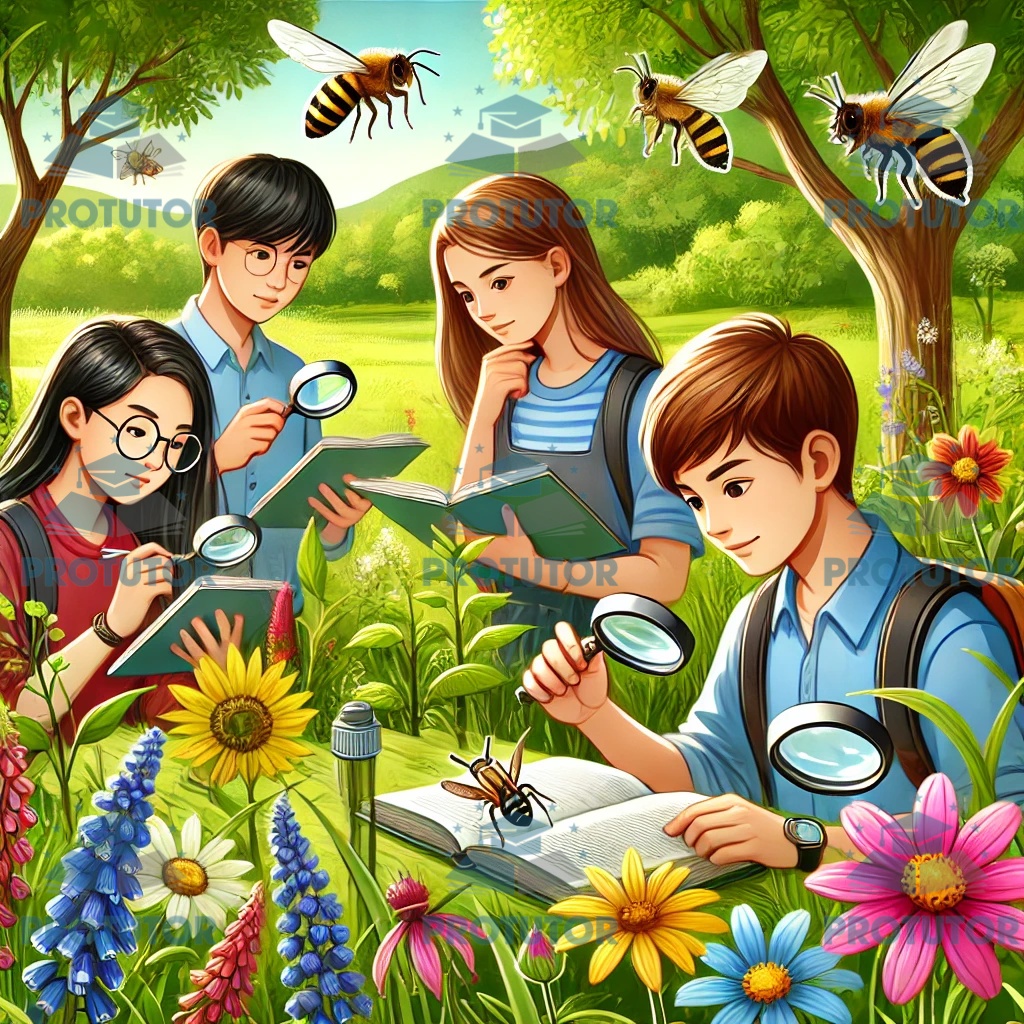 A vibrant outdoor scene of students examining plants and insects with magnifying glasses, taking notes in a lush green environment.
