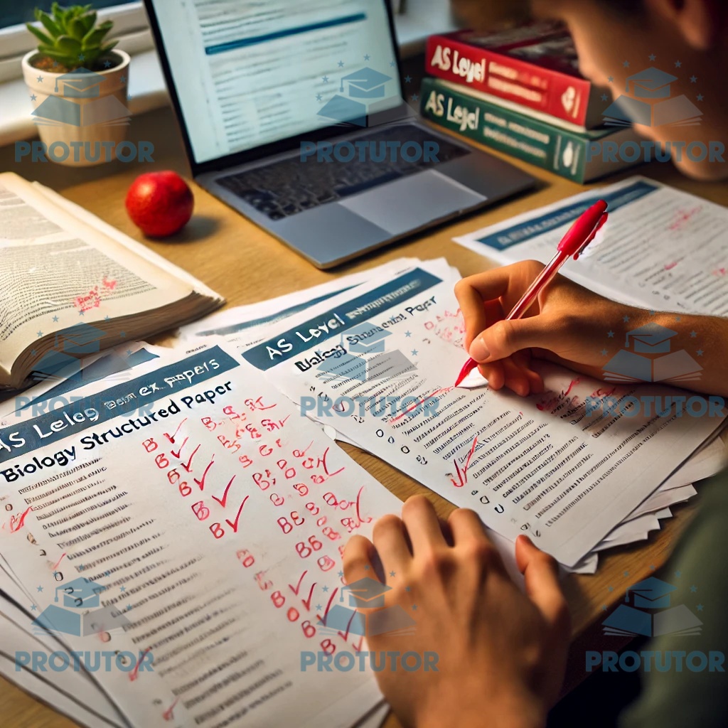 Student reviewing marked AS Level exam papers with a focus on feedback.