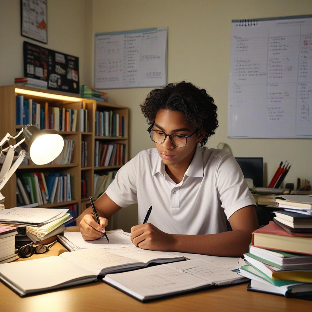 Student studying for IGCSE exams with books and notes on a desk