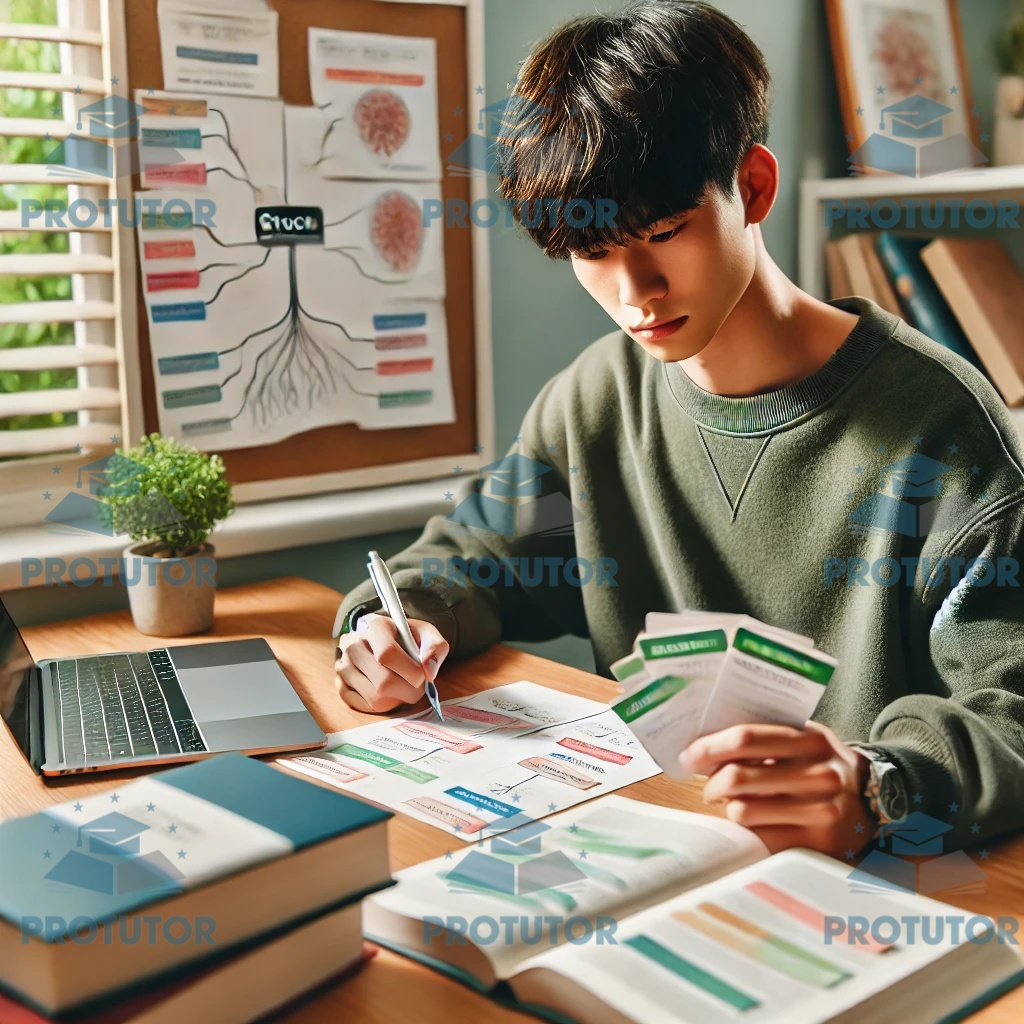 Student using flashcards and mind maps for IGCSE revision at a desk with textbooks and a laptop.