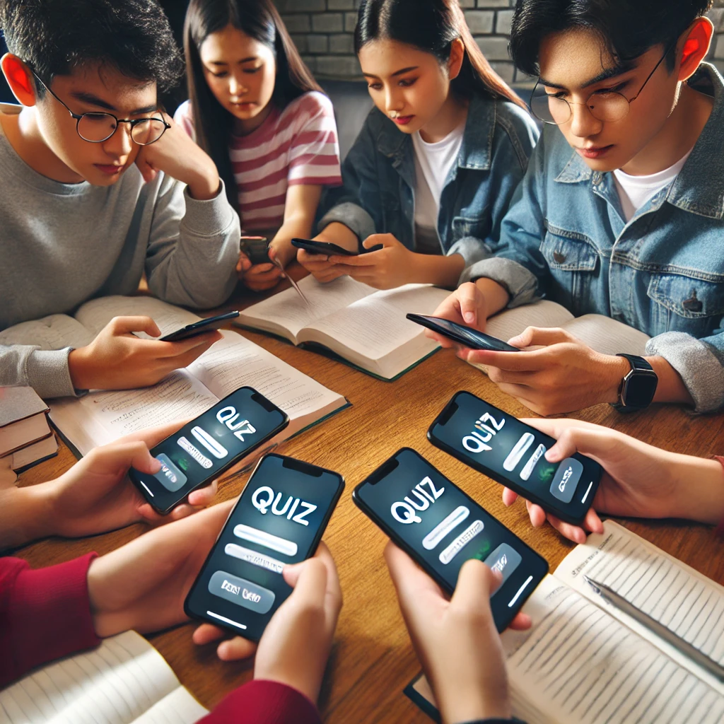 Students playing an educational quiz game on smartphones to enhance their IGCSE revision.