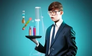 Indonesian student using a laptop for a virtual Chemistry lab simulation, observing chemical reactions on-screen.