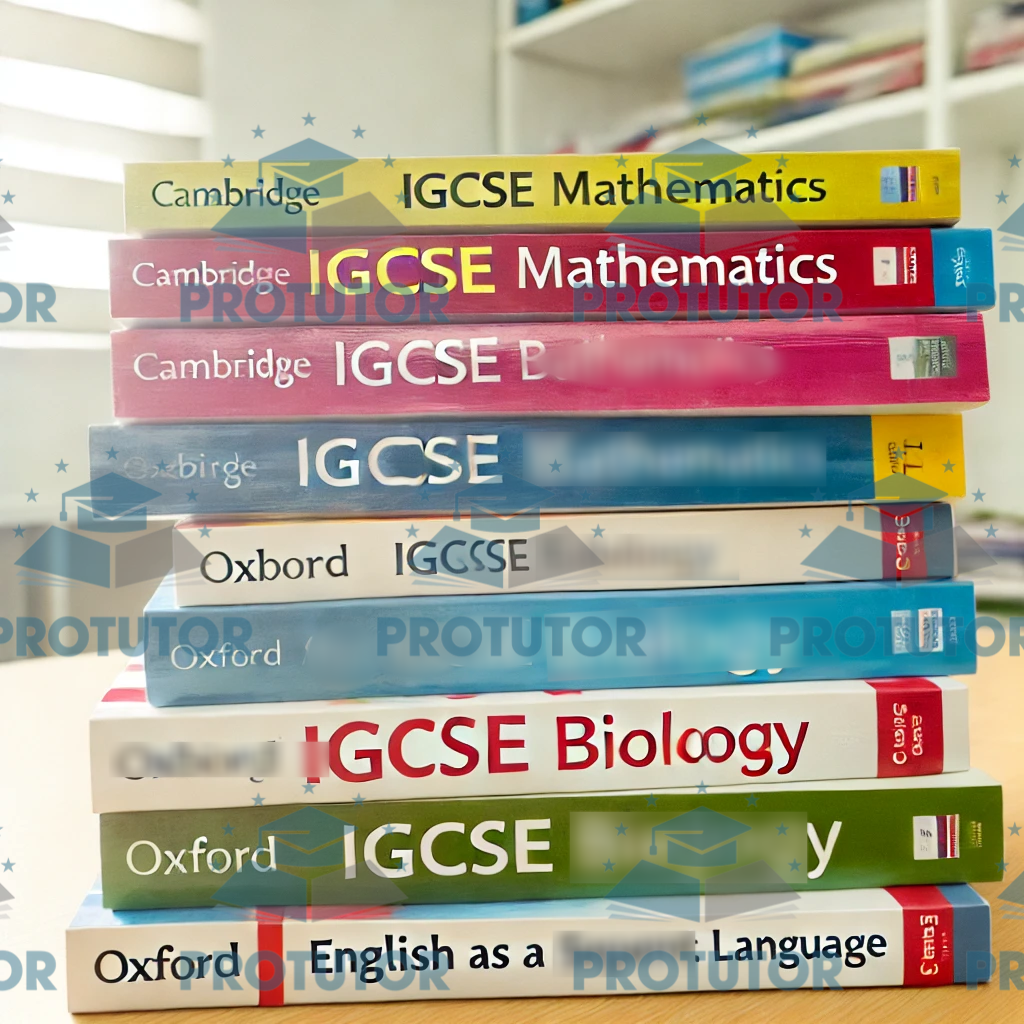 Study desk with a laptop showing an educational website, IGCSE textbooks, smartphone with a study app, and printed past papers.