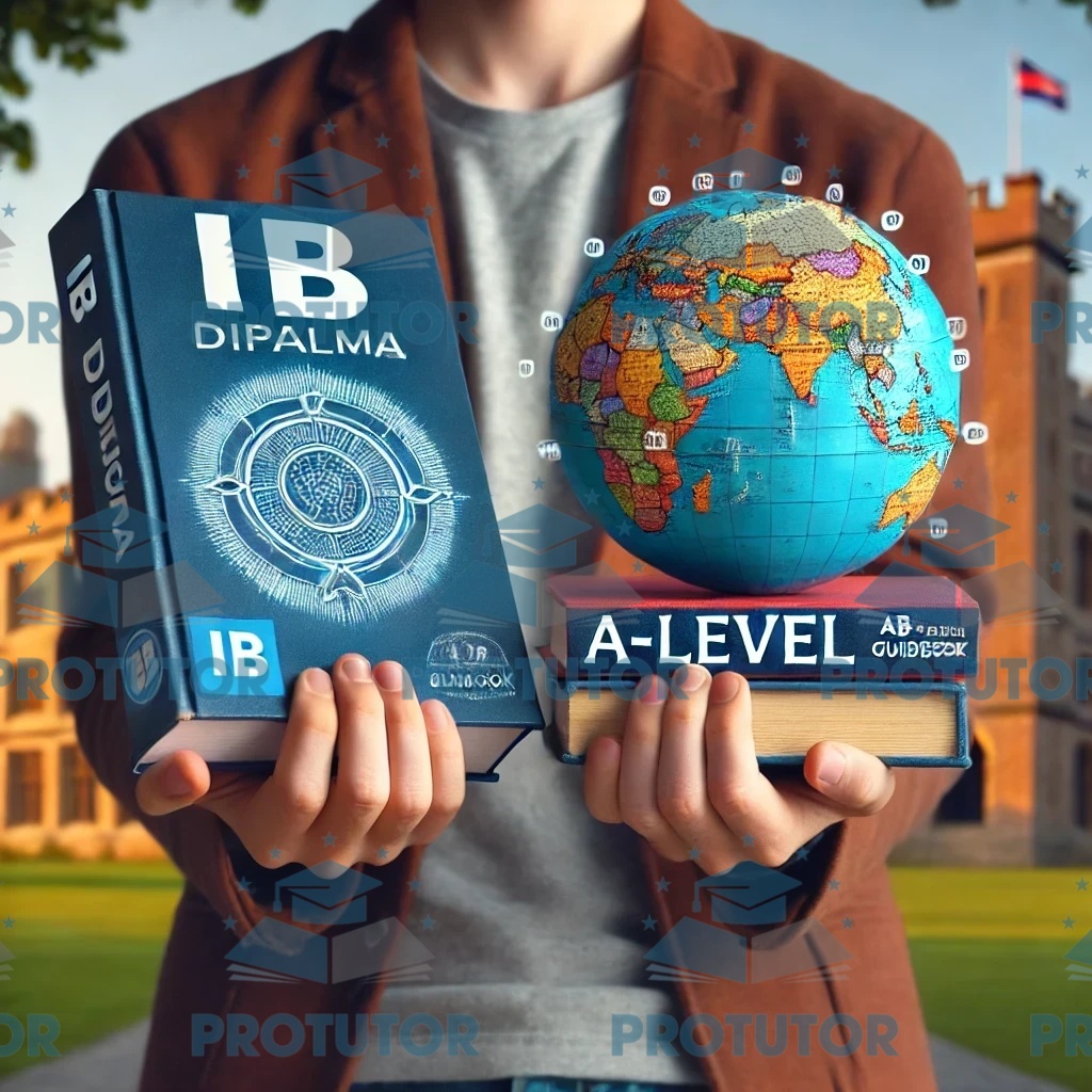Student comparing IB Diploma and A-Level textbooks for choosing the best pre-university program.