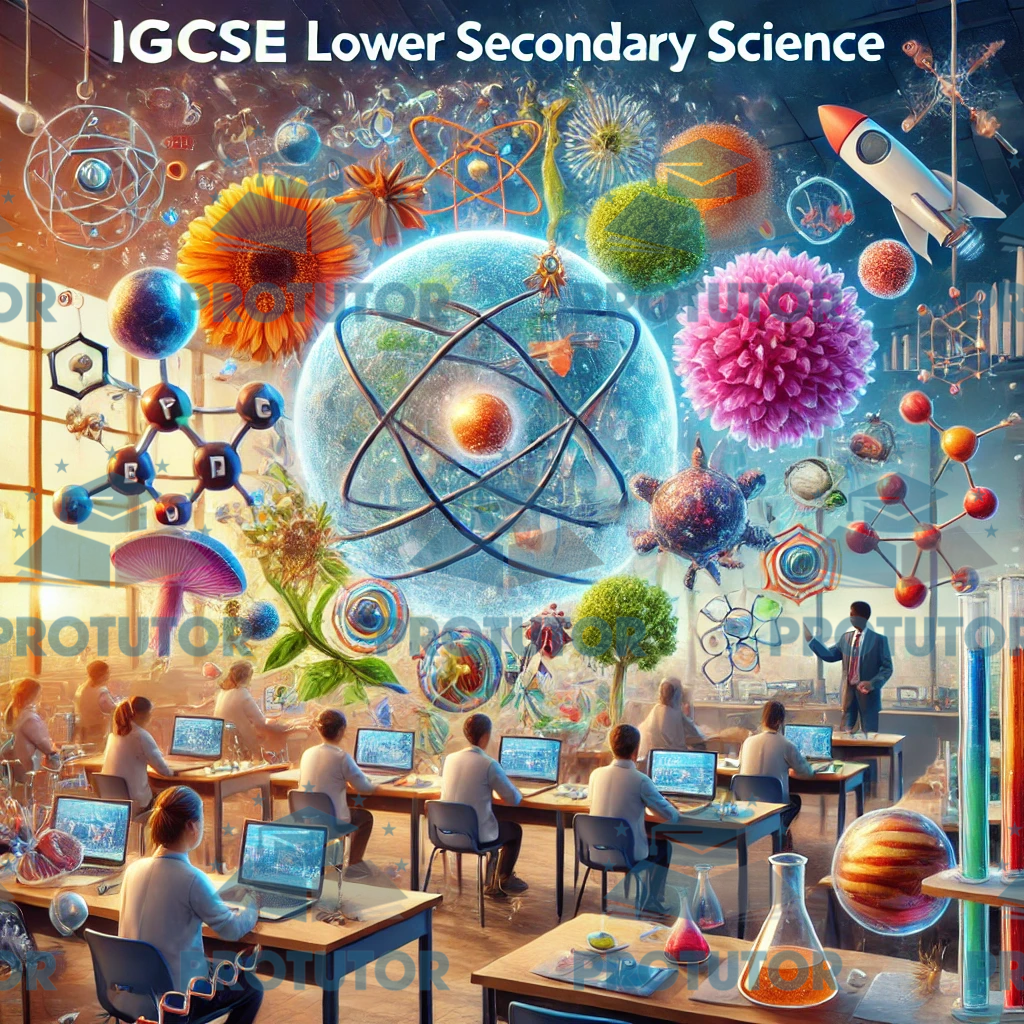 Vibrant depiction of Lower Secondary Science tutoring in Malaysia, featuring biology, chemistry, physics, and Earth and Space elements, with students engaged in classroom experiments.