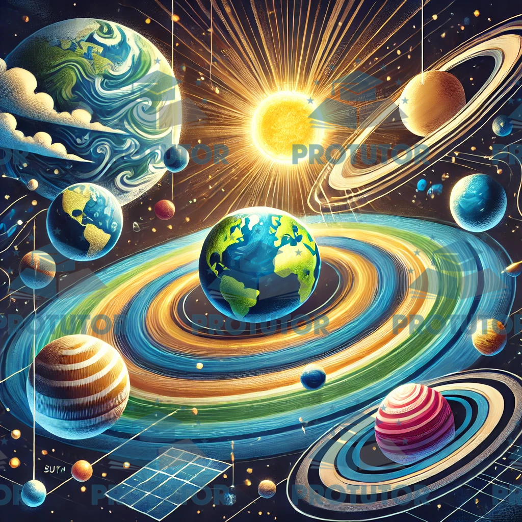 Illustration of the solar system, planetary movements, and Earth's atmosphere, designed for Year 7 Science to highlight Earth and Space concepts. Includes planets in orbit and atmospheric layers.