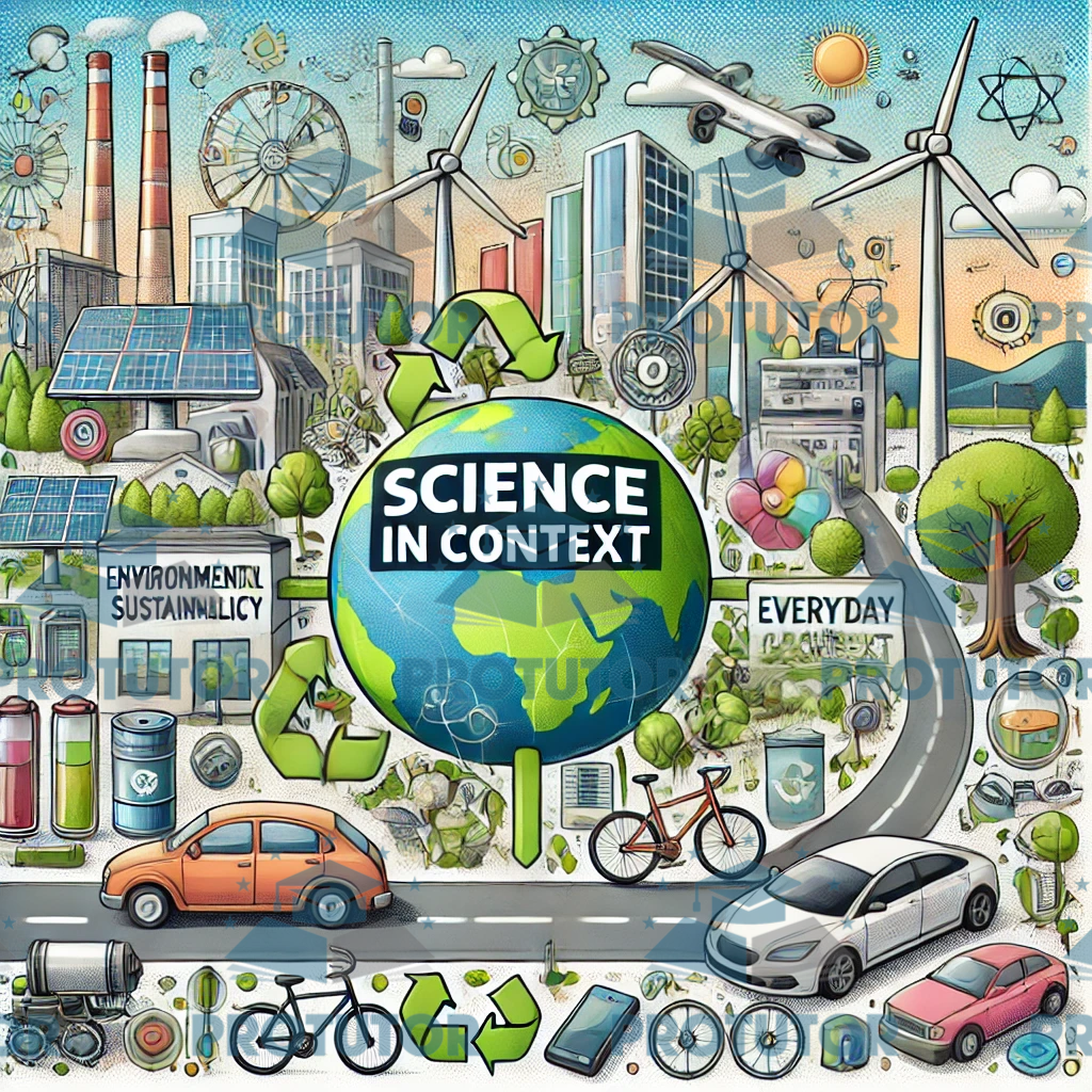 Illustration showing real-world applications of science, featuring renewable energy, environmental sustainability, and everyday technology as part of the Science in Context strand