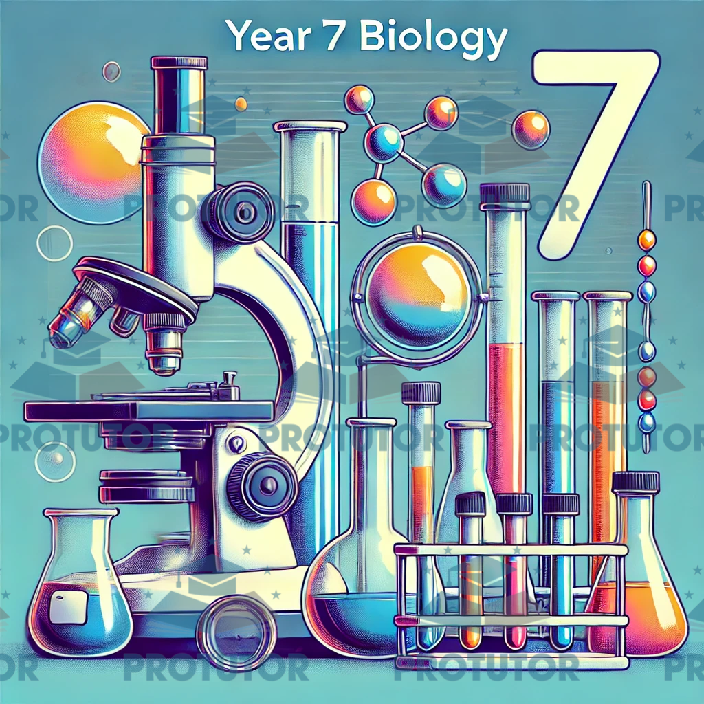 Illustration of scientific lab equipment like microscopes, beakers, and test tubes used in Year 7 Biology classes, highlighting practical learning and experimentation.