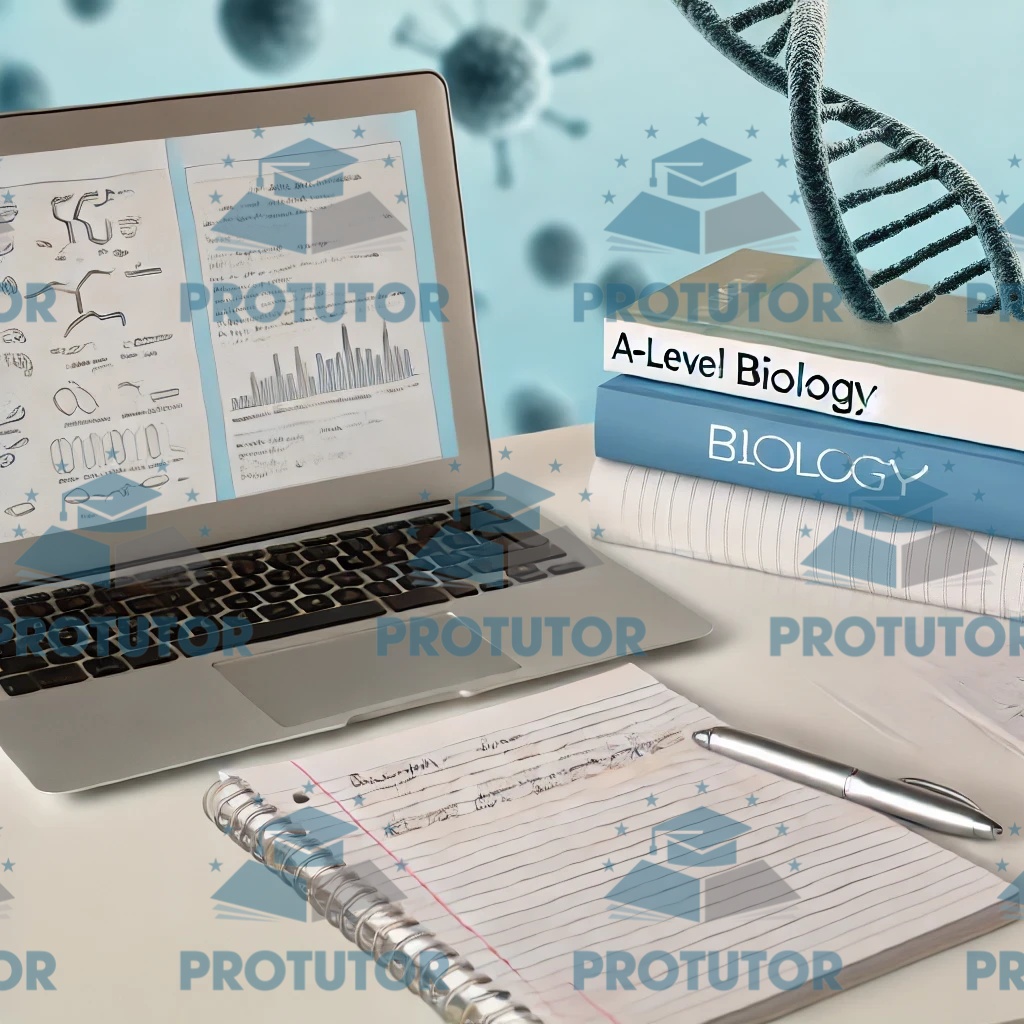 A-Level Biology study materials, textbooks, notes, and a laptop displaying biology diagrams, symbolizing preparation for 9700 specimen papers and exams.