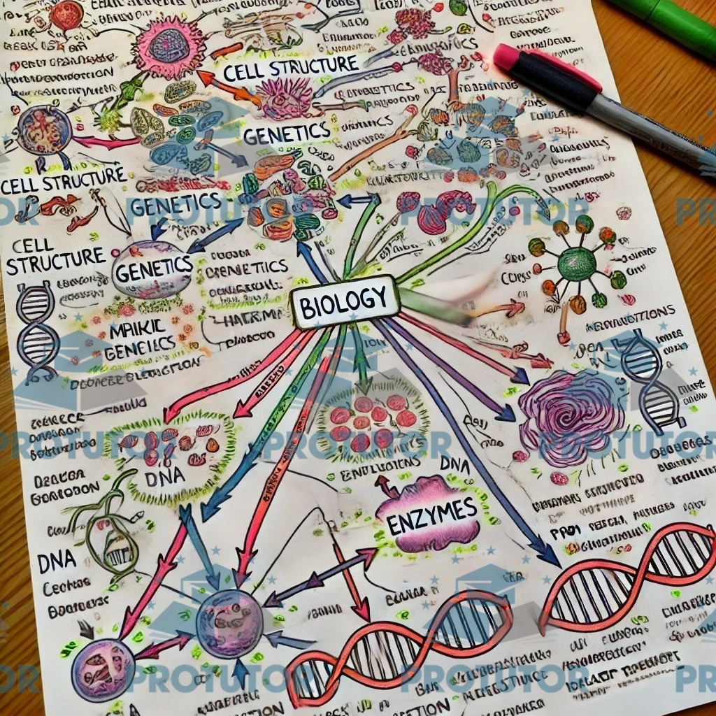 A detailed, handwritten mind map for A-Level Biology revision, showing interconnected topics like cell structure, genetics, photosynthesis, respiration, enzymes, and homeostasis.