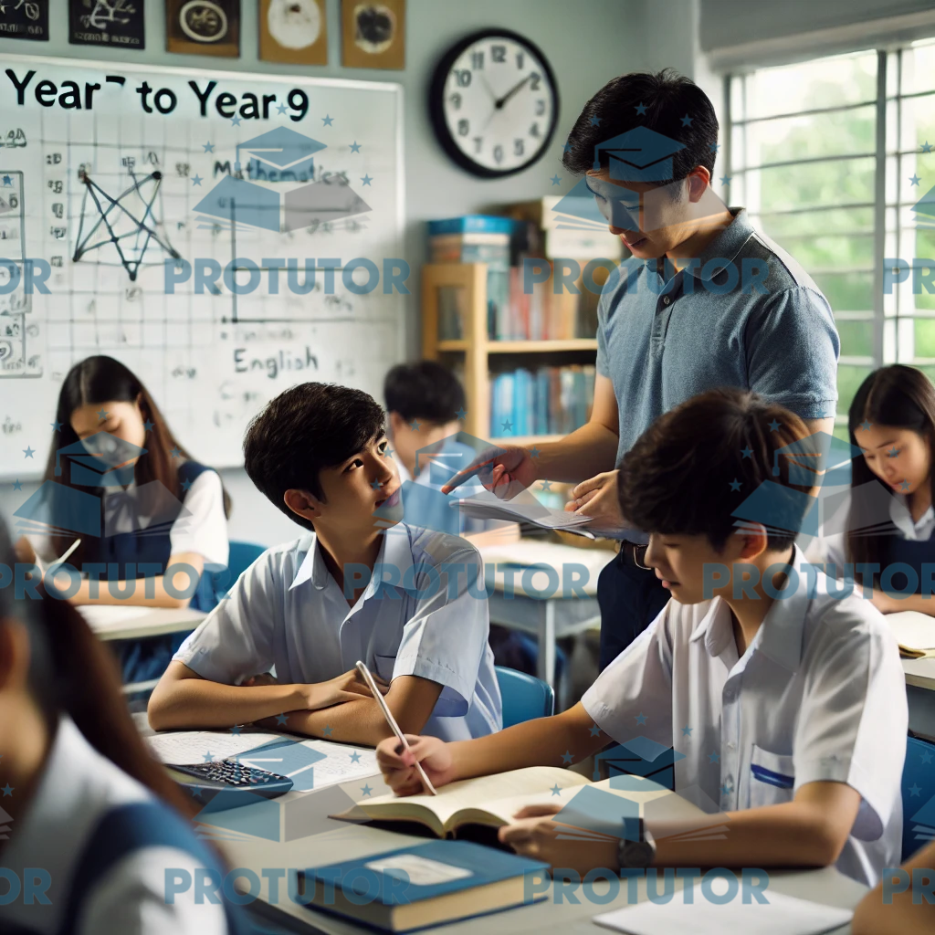 Asian students in Year 7 to Year 9 during a professional tutoring session, guided by a tutor in a calm and focused academic environment with educational tools like books, a laptop, and a whiteboard.