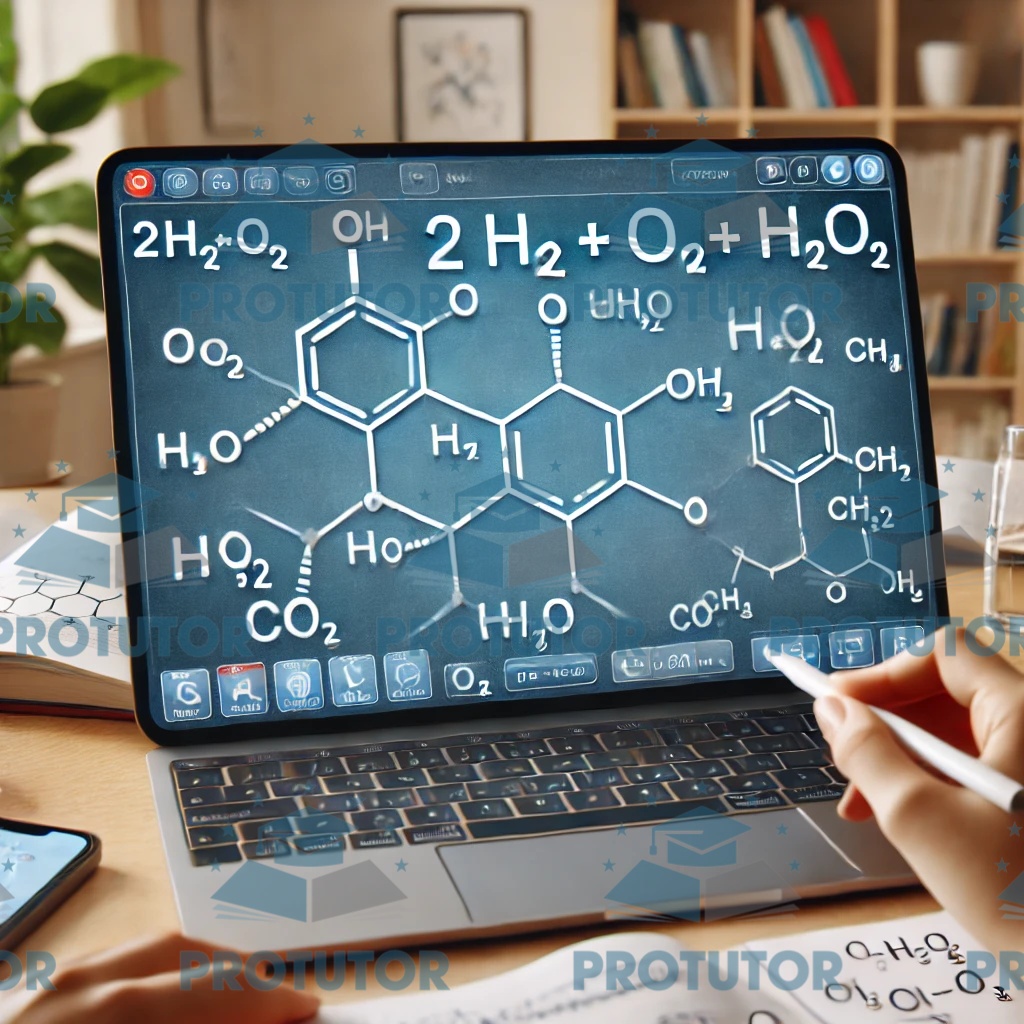 A digital whiteboard displaying chemical equations and diagrams during an online tutoring session.