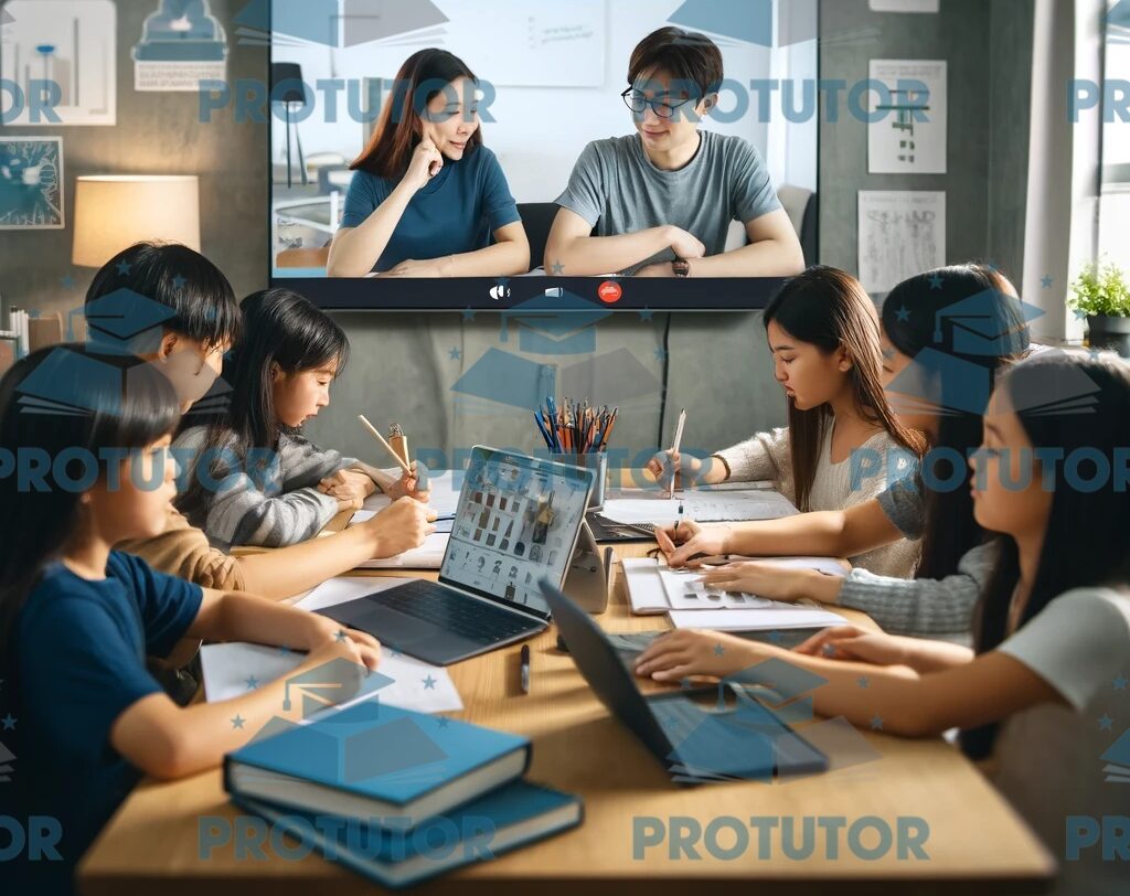 Group of students and tutor collaborating online with a shared digital whiteboard for Cambridge tutoring.