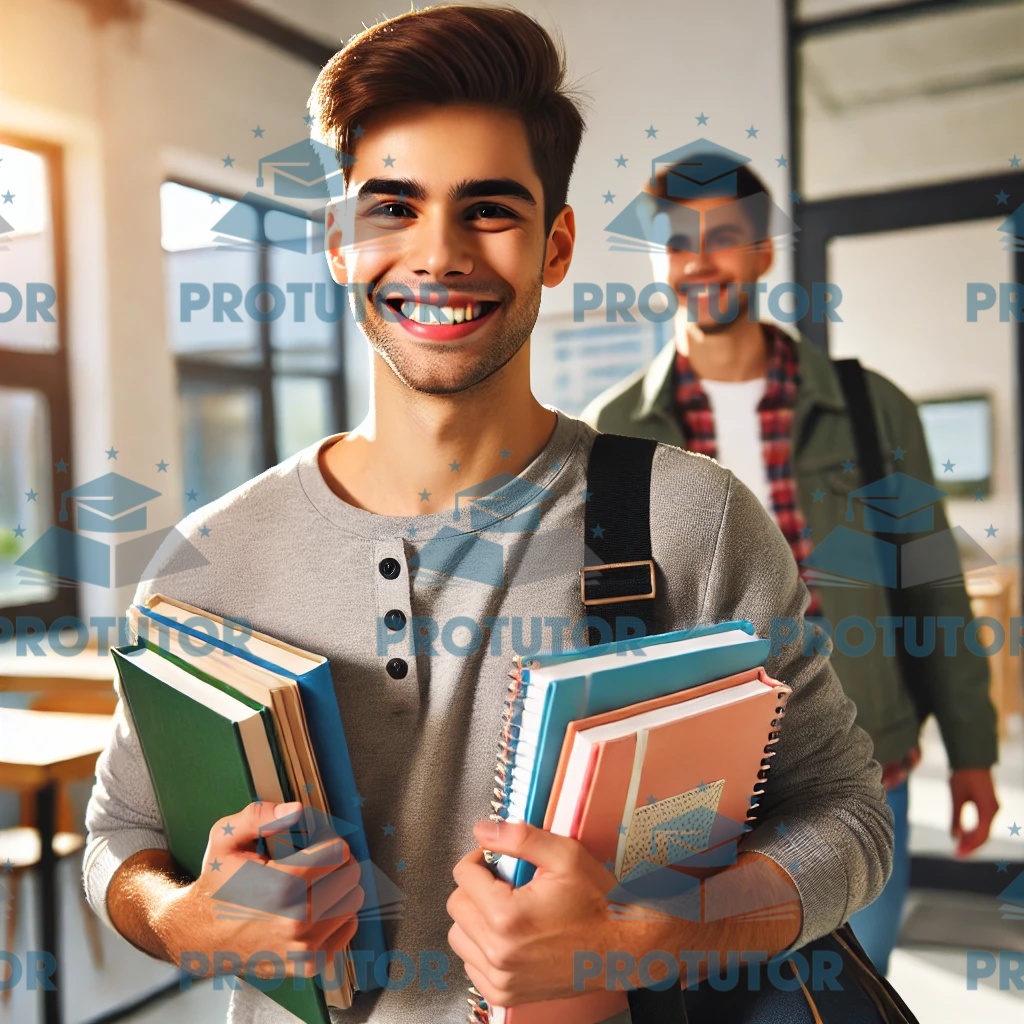 A smiling student leaving a tutoring session, holding books, feeling confident after exam preparation.