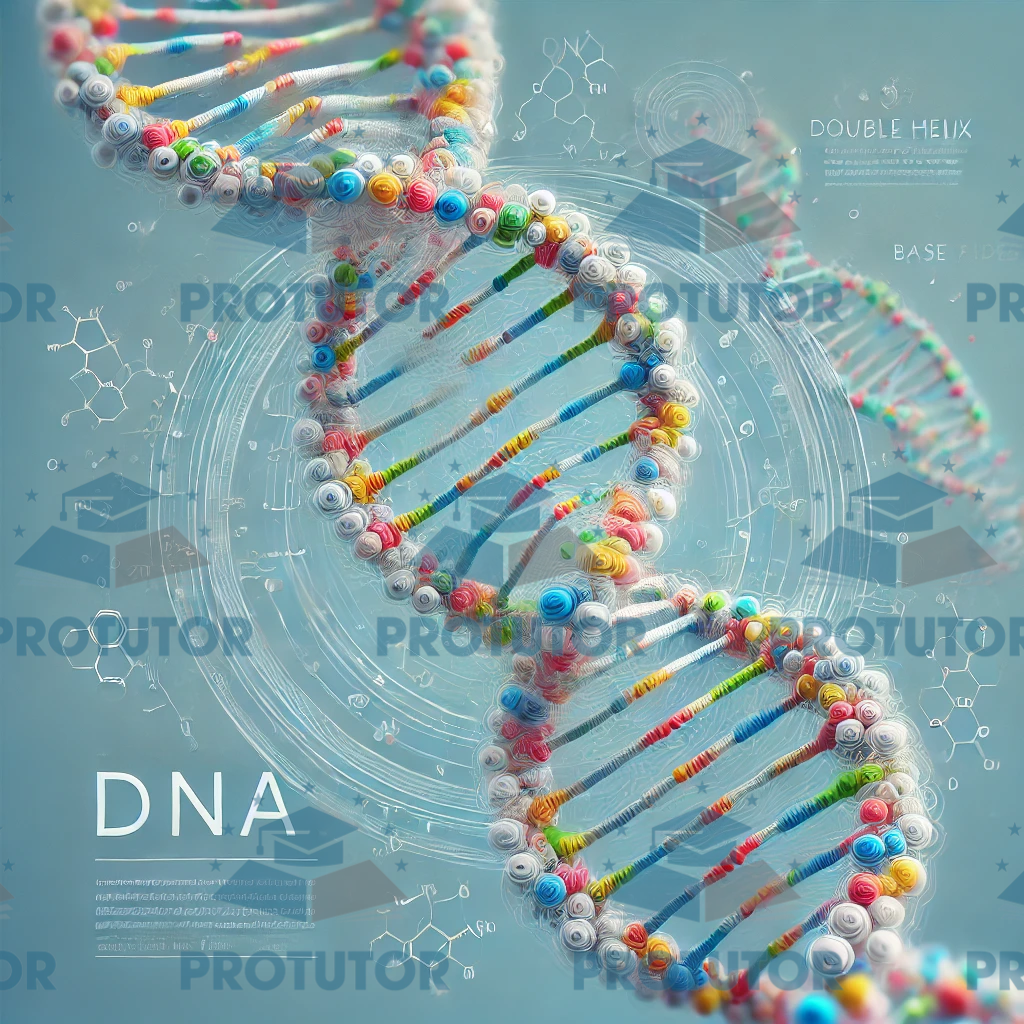 A detailed digital illustration of a DNA helix, with colorful base pairs in the center and a minimalistic background representing genetics and molecular biology.