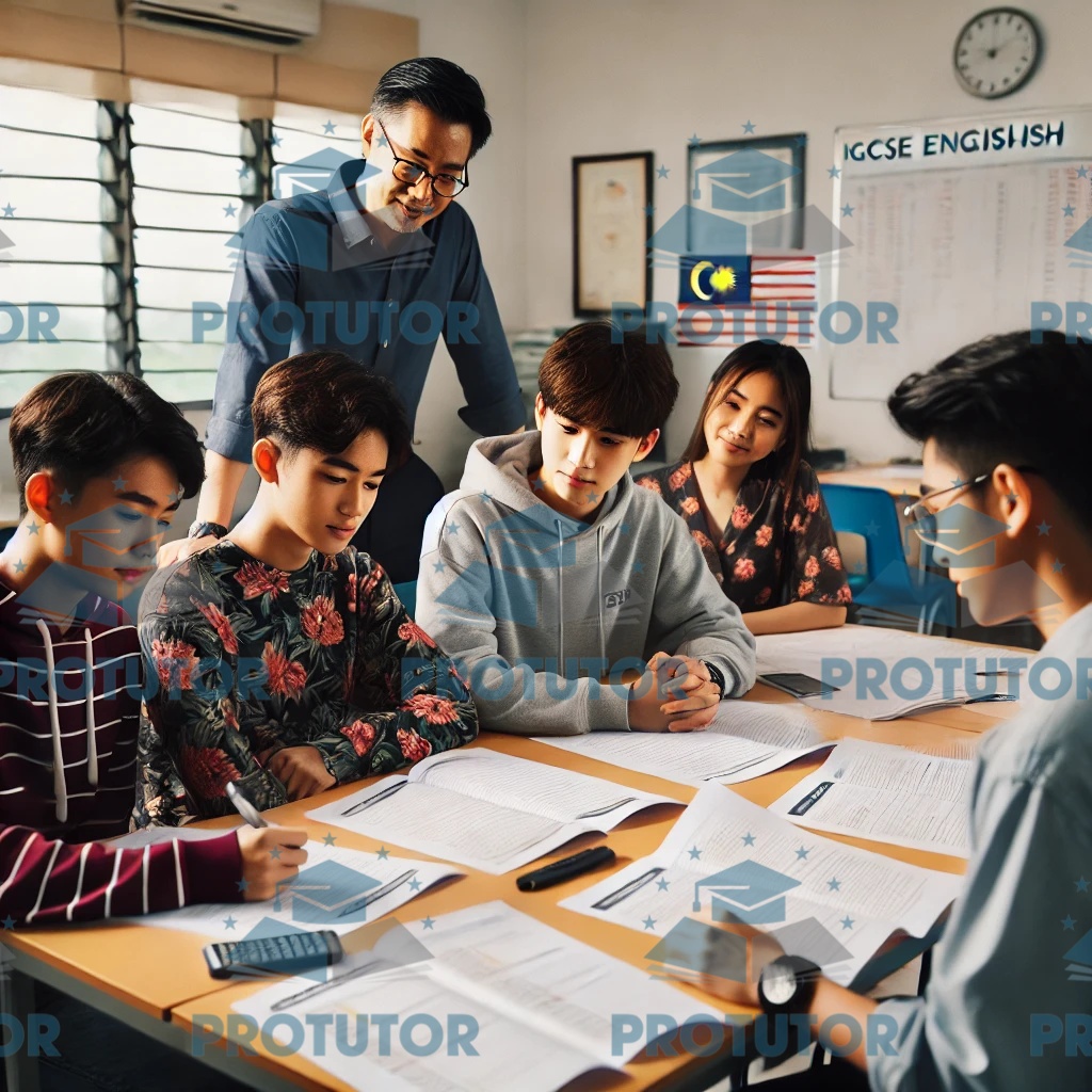 Malaysian students preparing for IGCSE English exams by solving past papers with a tutor.