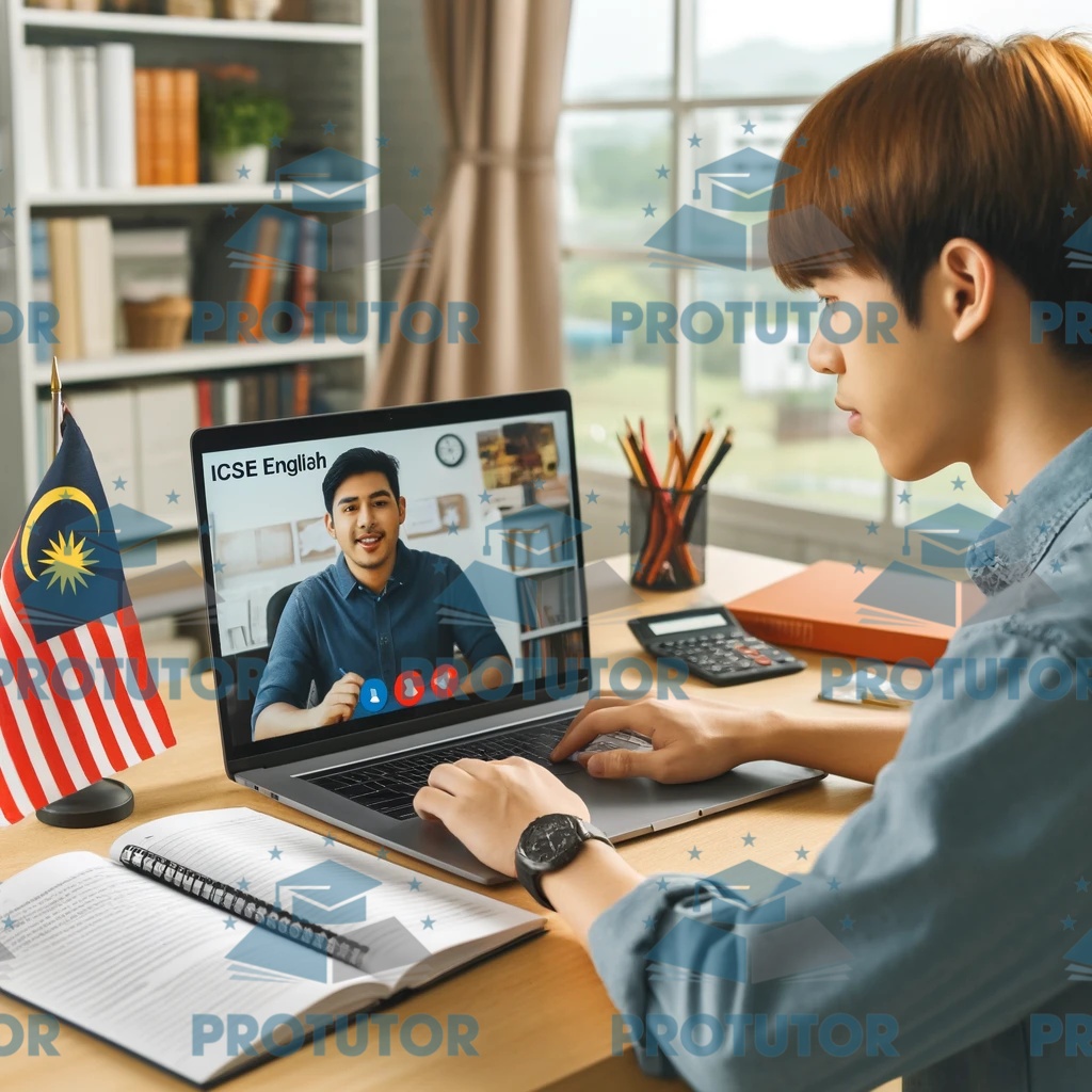 Malaysian student participating in an online IGCSE English tutoring session on a laptop.