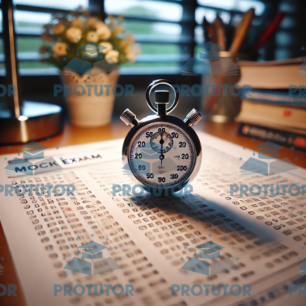 Mock exam papers with a stopwatch, highlighting time management.