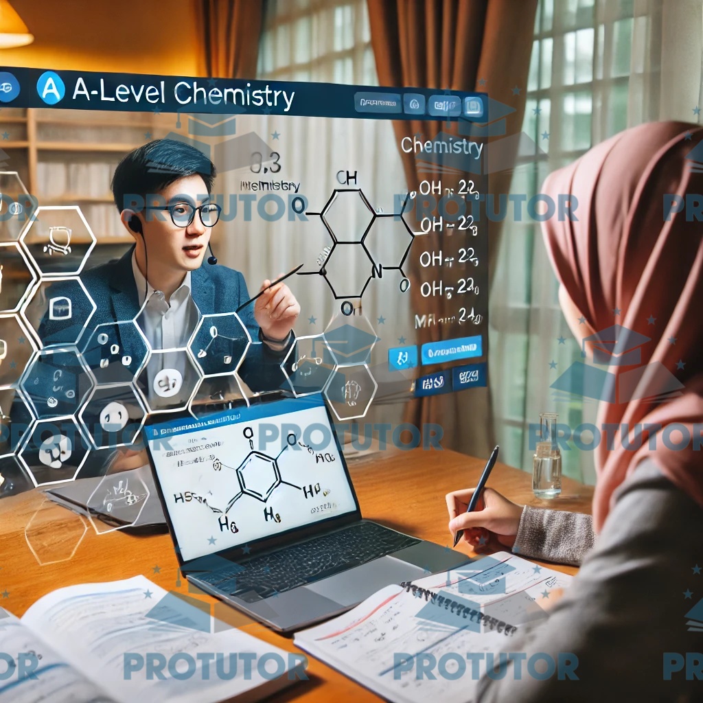 A-Level Chemistry tutor conducting a virtual lesson with a Malaysian student using interactive learning tools.