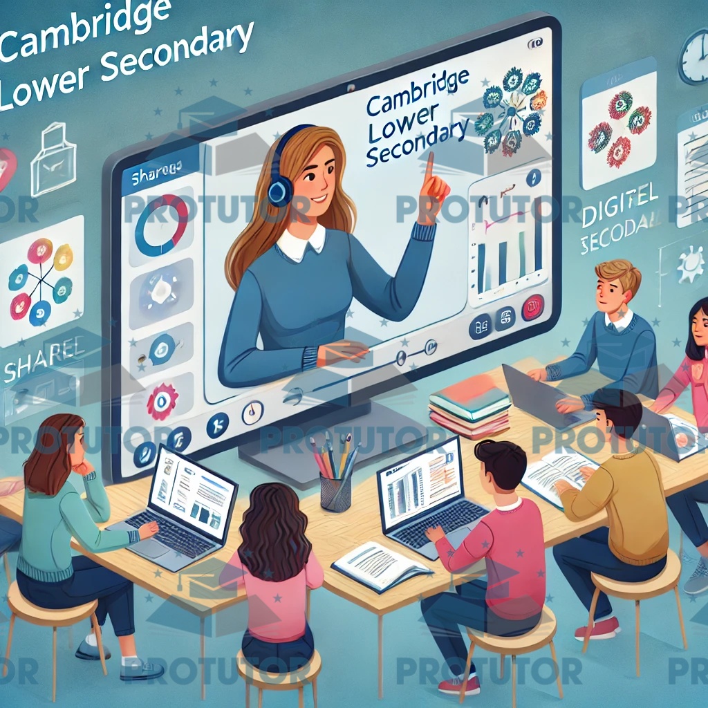 Online tutoring session with a tutor guiding lower secondary students through a video call, using screen sharing and digital educational resources for Cambridge curriculum.
