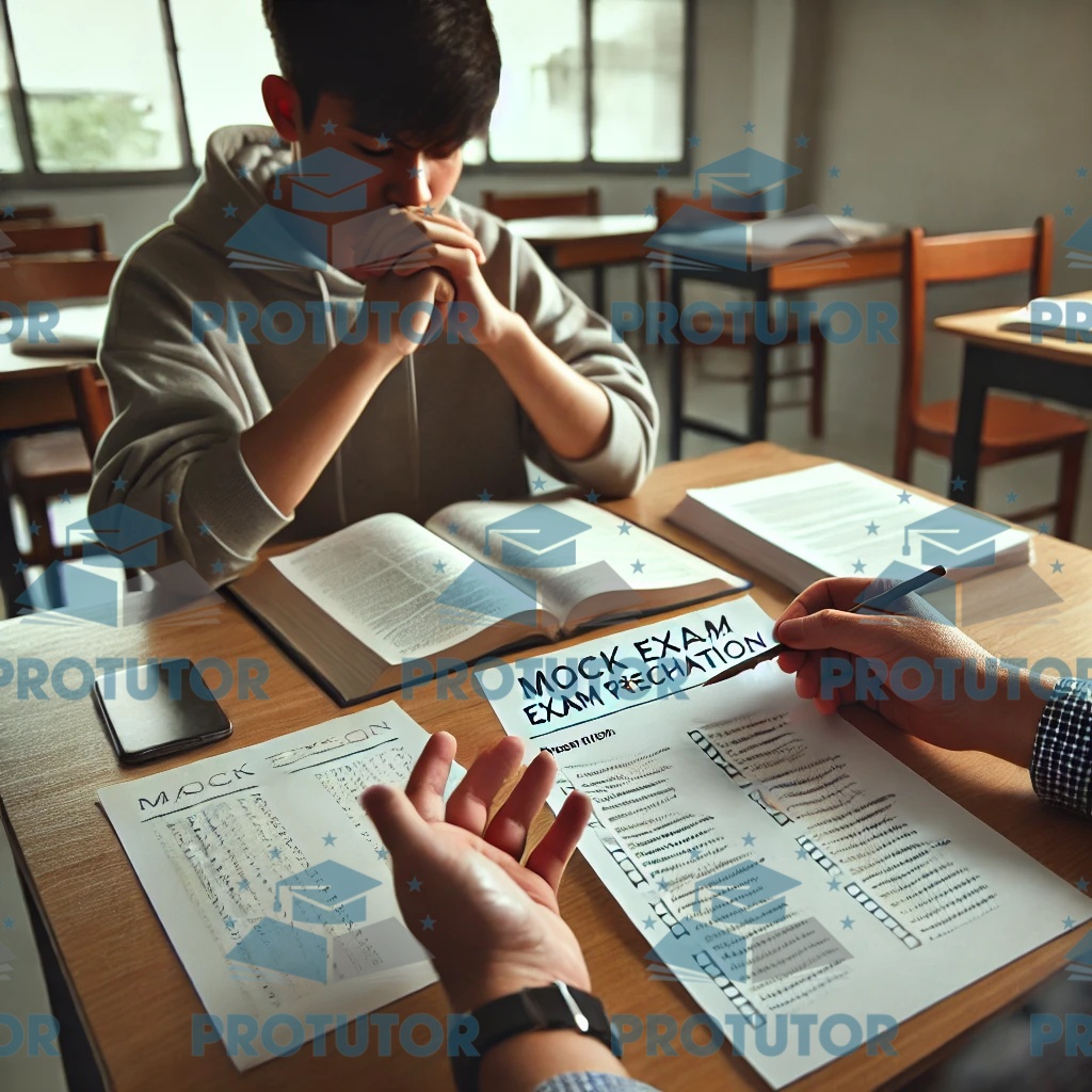 Student receiving one-on-one tutoring during a mock exam preparation session.