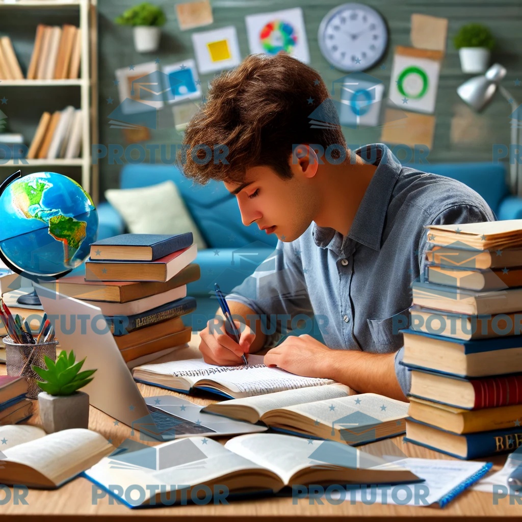 Student studying at a desk, surrounded by textbooks, a laptop, and notes, representing the study environment and workload for both IB and A-Level students.