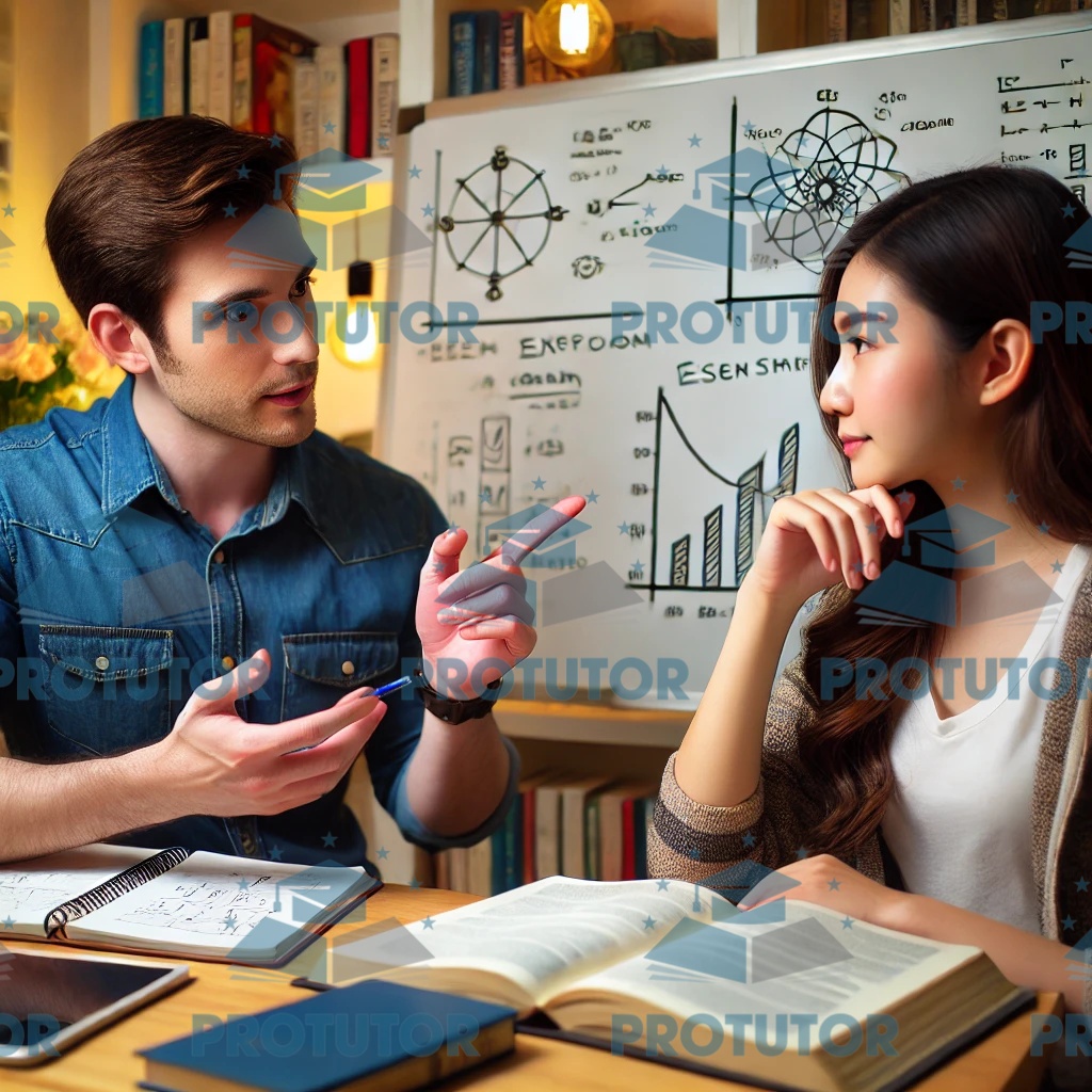 Tutor explaining a complex topic to a student with diagrams on a whiteboard during a one-on-one session.